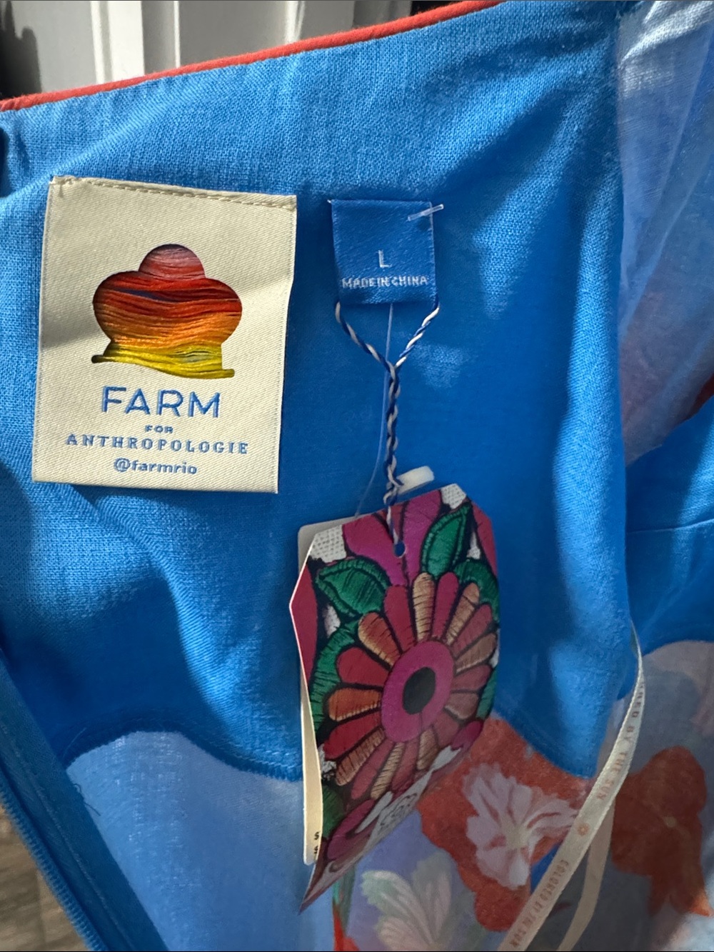 FARM Rio Blue Floral Puff Sleeve Mini Dress Size L Colorful Garden Print - Picture 8 of 15